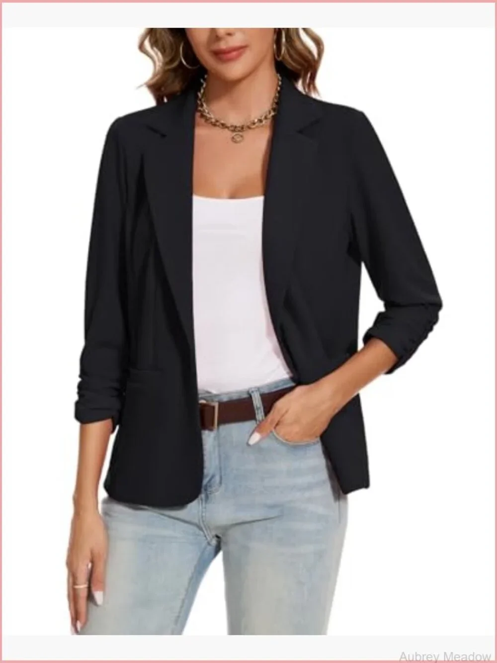 Ruched 3/4 Sleeve Notch Lapel Button Front Blazer Casual Work Office Suit